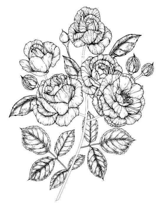Detailed rose bouquet with many blooming flowers and leaves coloring page.