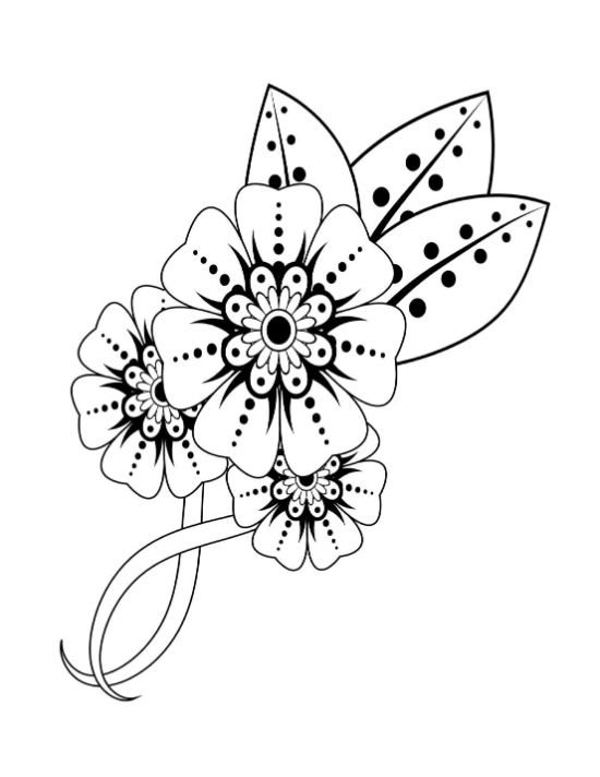 Intricate floral design with mehndi style dotted petals and leaves, coloring page.