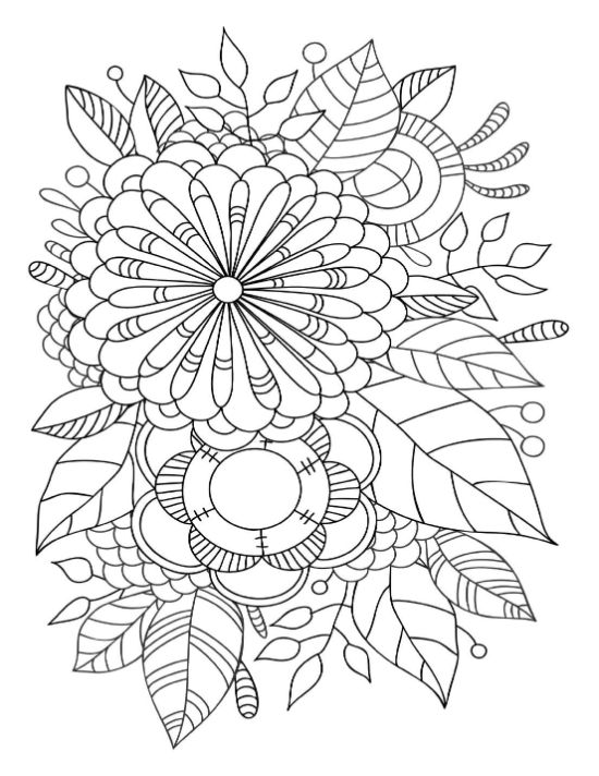 Detailed floral bouquet with large flowers and assorted leaves coloring page.