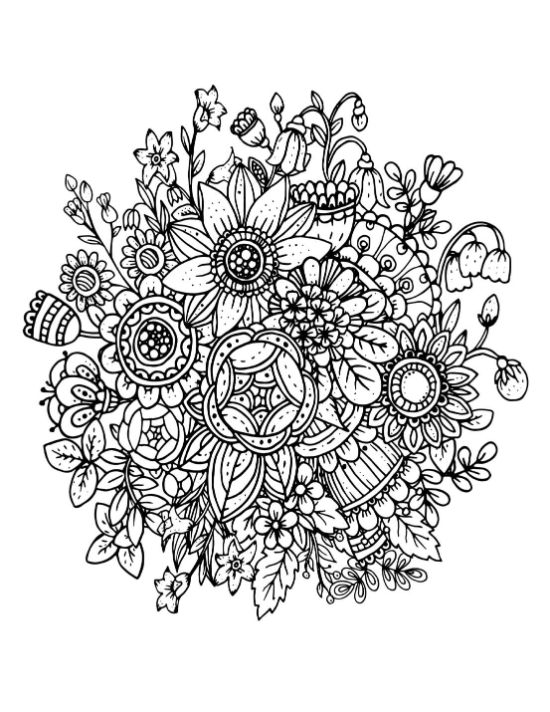 Detailed floral bouquet with intricate patterns and various blossoms coloring page.