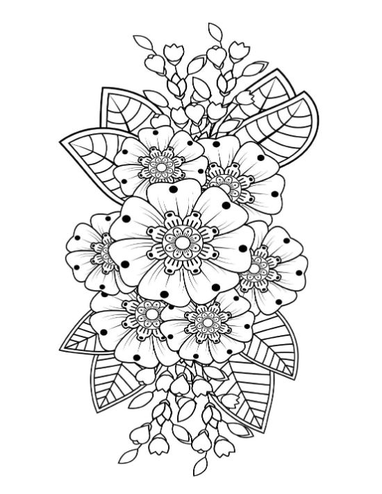 Floral composition with dotted petals and detailed leaves, bold and easy.
