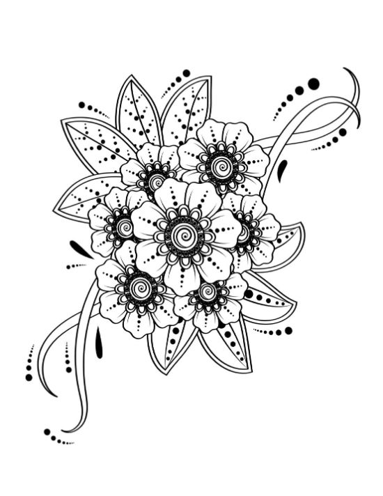 Botanical flowers with intricate petals, decorative leaves, and swirling accents coloring page.