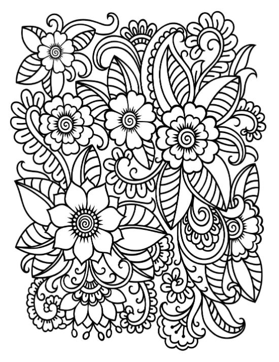 Intricate floral and paisley pattern fills this detailed adult coloring page.