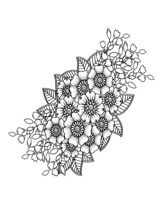 Elegant arrangement of detailed mehndi-style flowers, leaves, and buds coloring page.