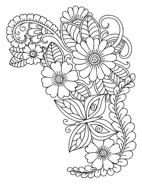 Butterfly and flowers with swirling leaves and dotted details coloring page.