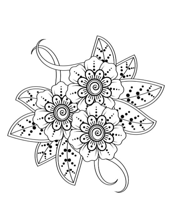 Three stylized flowers with dotted leaves and swirling embellishments, coloring page.