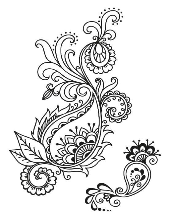 Ornate mehndi paisley design with swirling flourishes and intricate details, coloring page.