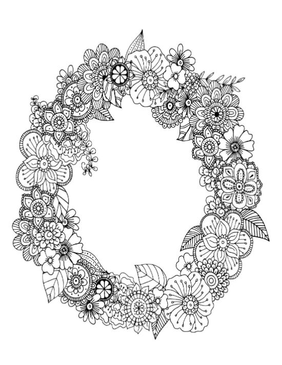 Intricate floral wreath with various blooming flowers and leaves, coloring page.