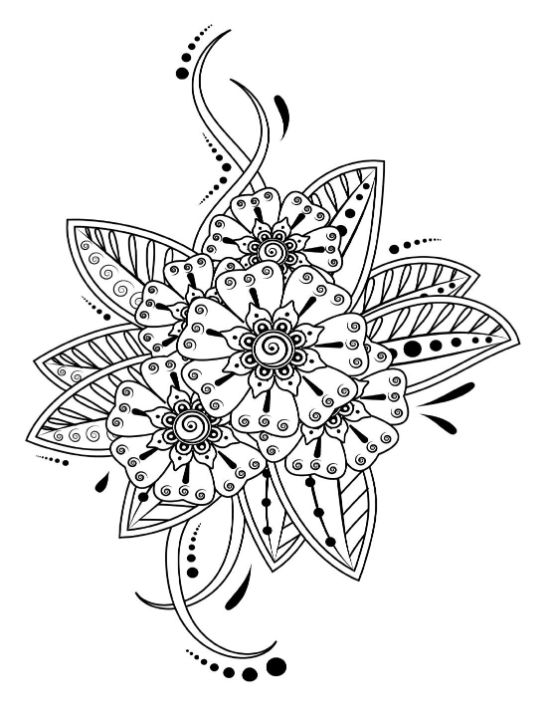 Henna-inspired flowers with swirling patterns and leaves, perfect for adult coloring page.