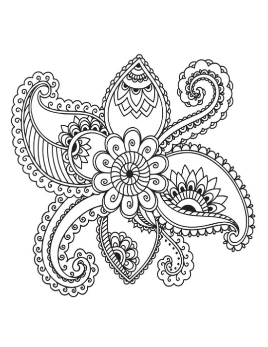 Intricate mehndi-style floral design with paisley elements and decorative swirls coloring page.