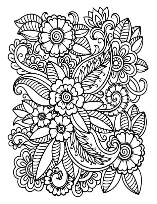 Intricate floral henna-style patterns with blooming flowers and swirling leaves coloring page.