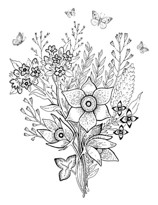 A beautiful floral bouquet with several butterflies flying overhead coloring page.