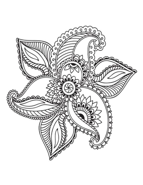 Henna-style flower with paisley and floral elements, an intricate coloring page.
