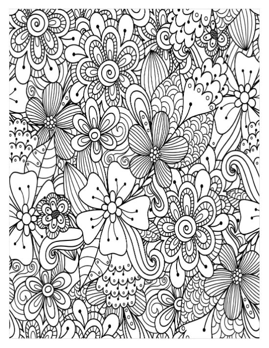 Intricate floral pattern with swirling leaves and dotted details, coloring page.