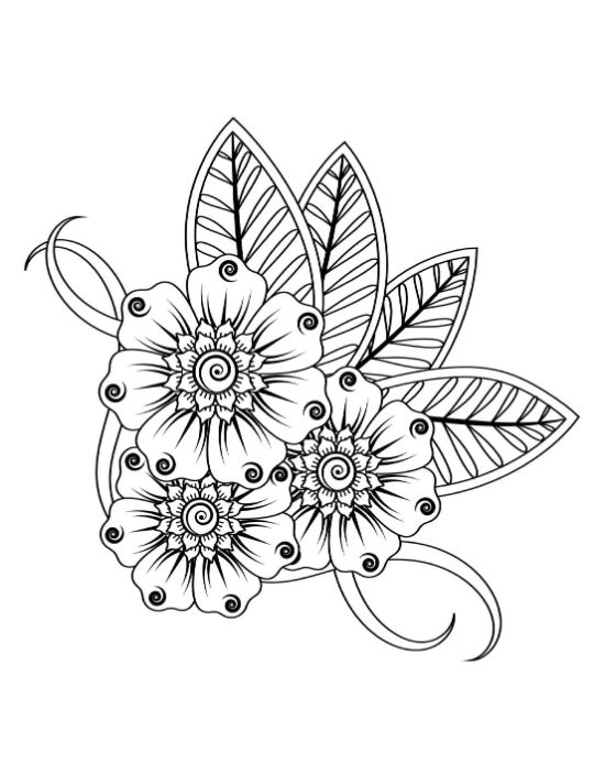 Stylized henna-style flowers and leaves with intricate patterns, perfect for mindful coloring page.