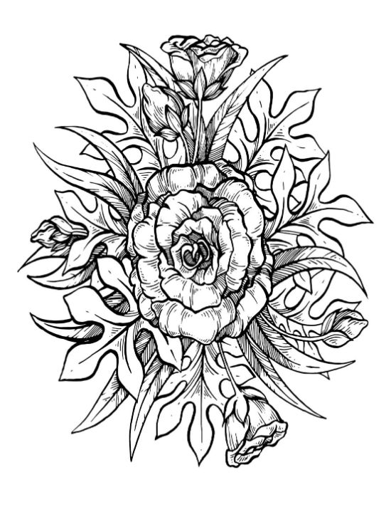 Floral bouquet of roses and intricate leaves, detailed line art coloring page.