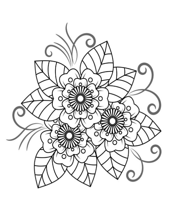 Three detailed mehndi-style flowers with prominent leaves and swirling tendrils coloring page.