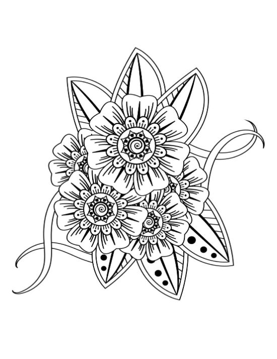 Detailed illustration of five mehndi-style flowers with leaves and swirling accents coloring page.