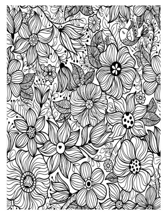 Intricate floral pattern with a hidden bird and heart, featuring delicate lines, coloring page.
