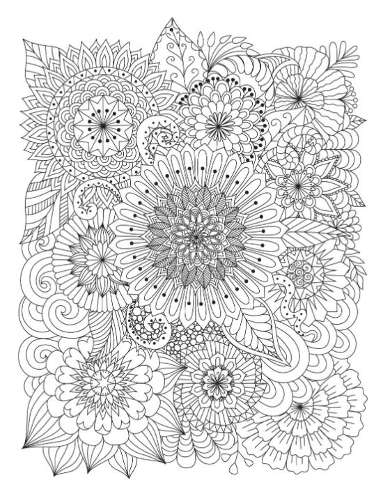 Intricate floral pattern with many different layered flowers and leaves coloring page.