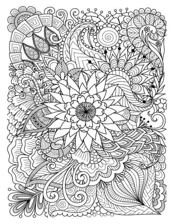 Detailed floral pattern with a large central flower and elegant swirls, coloring page.