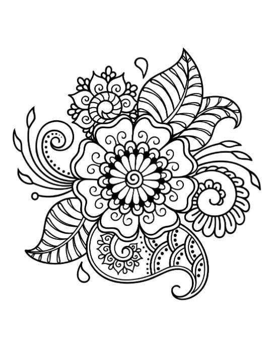 Intricate henna flower design with swirling leaves and dots coloring page.