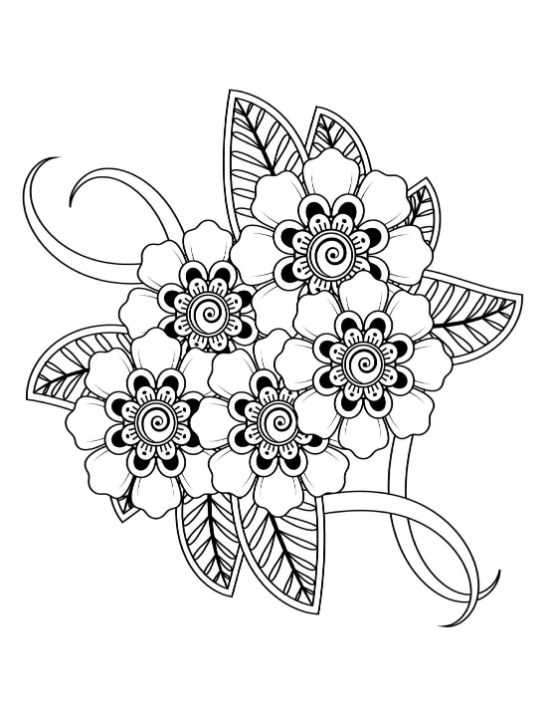 Group of stylized flowers with patterned centers and leaves, coloring page.