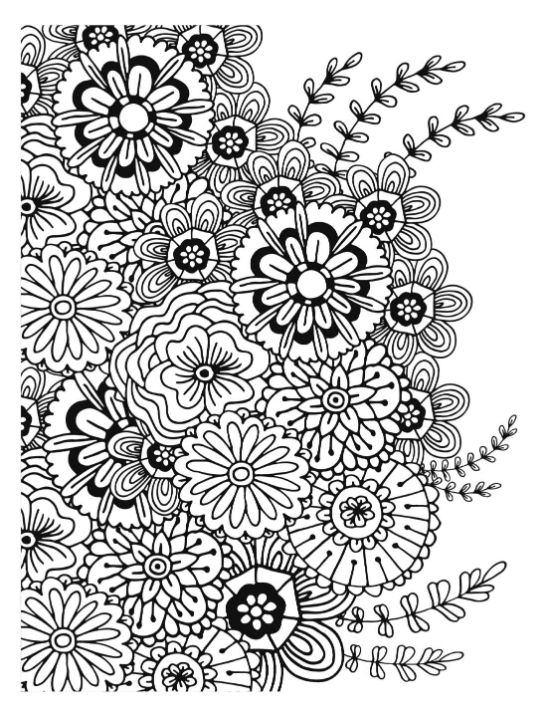 Whimsical floral design fills the page with various outlined blossoms, coloring page.
