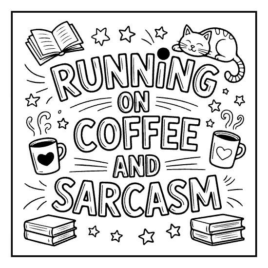 Coffee first hand lettering coloring page with steam swirls, bold and easy coffee coloring page