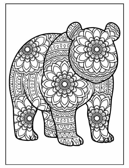 Square standing panda seen in profile, four legs, full silhouette of medallions, coloring page