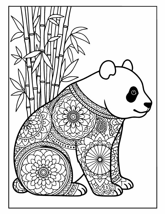 Sitting panda beside a tall bamboo cluster, soft face, large flower rings, mandala