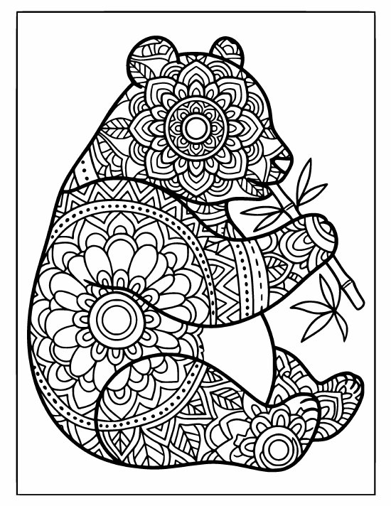 Sitting panda munching bamboo in both paws, faceless head, dense petals, coloring sheet