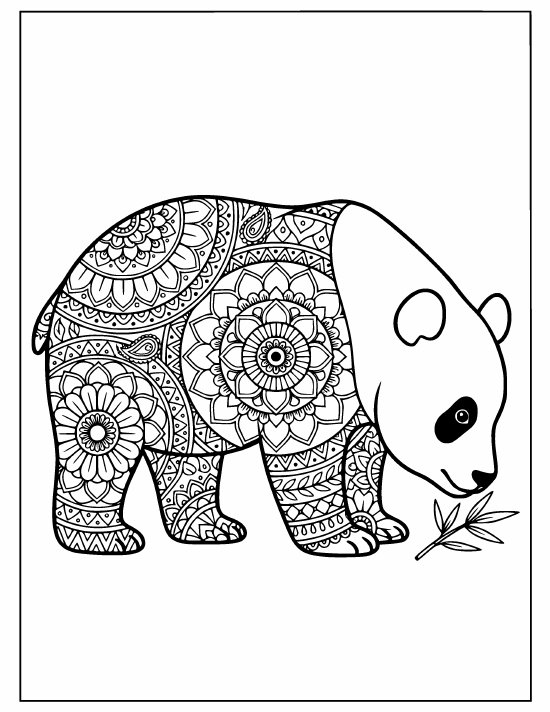 Standing panda sniffing a bamboo sprig, four legs, soft face, mandala