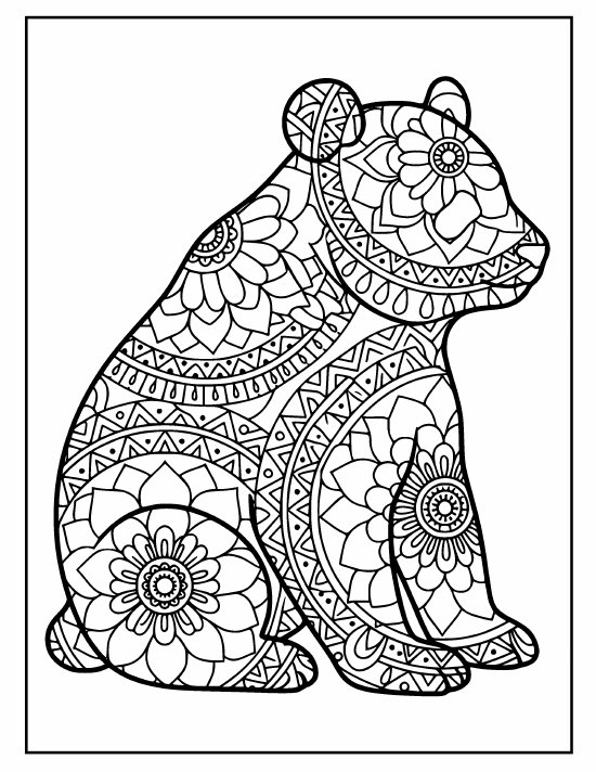 Upright faceless panda sitting calm, whole body of concentric medallions, coloring page