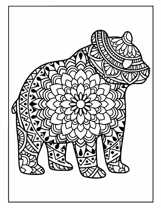 Standing panda in profile, faceless head, four legs, big medallions, coloring sheet