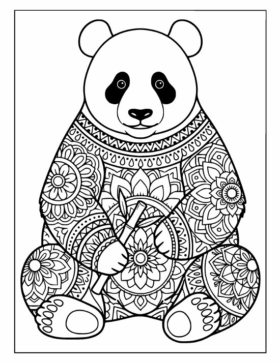 Panda sitting upright holding bamboo in both paws, soft face, patterned body, mandala
