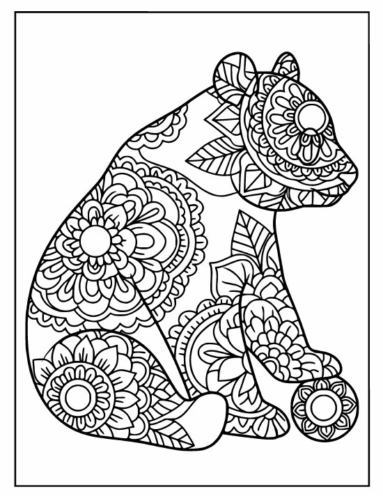 Sitting faceless panda, head and body filled with large flower rings, coloring page