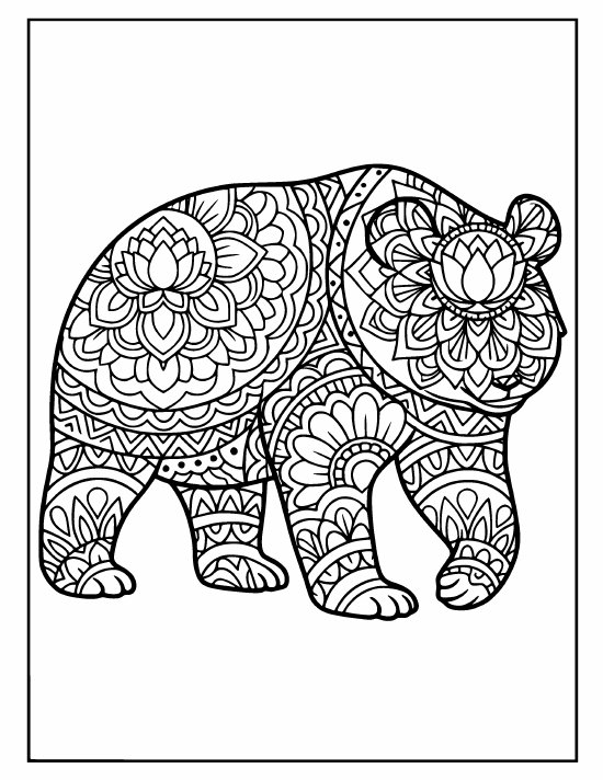 Standing panda walking in profile, body filled edge to edge with bold flower medallions, mandala