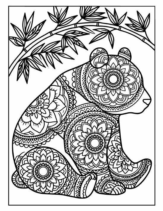 Sitting panda under a leafy bamboo branch overhead, faceless body of medallions, coloring sheet