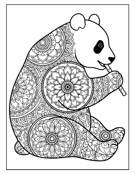 Sitting panda chewing a short bamboo stick, clear face, bold rings, mandala