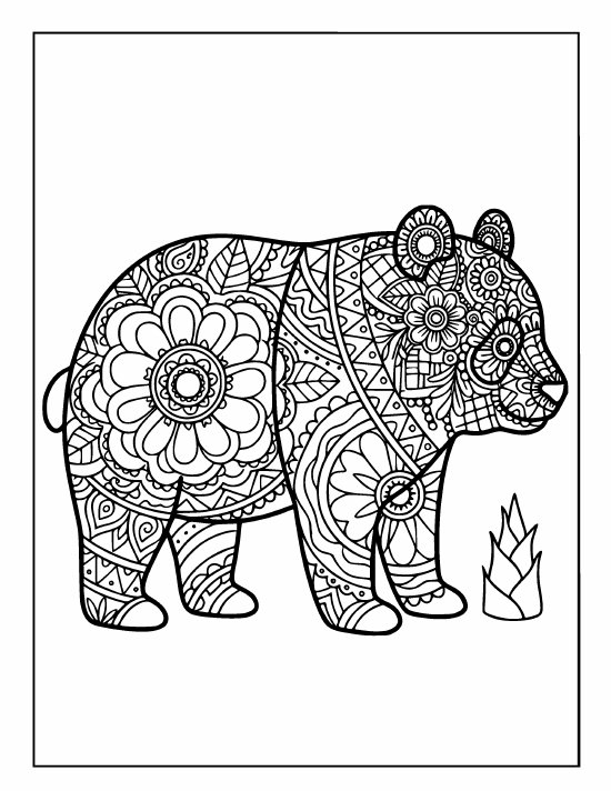 Standing panda beside a low bamboo shoot, four legs, dense medallions, coloring page