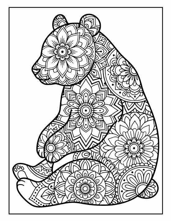 Upright faceless panda with paws in its lap, body of big medallions, coloring sheet