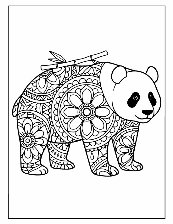 Standing panda with a bamboo stalk across its back, soft face, mandala