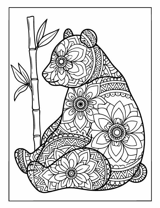 Sitting panda beside a tall bamboo cane, faceless body of flower rings, coloring page