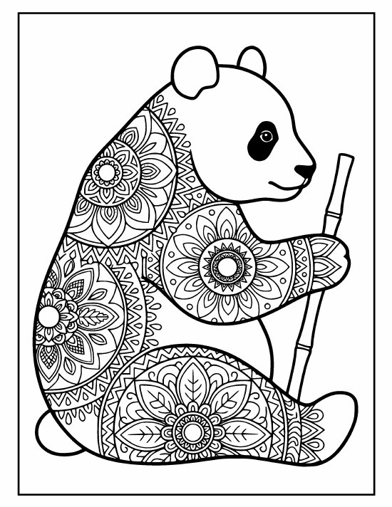 Sitting panda holding a bamboo stalk upright, clear face, bold medallions, mandala