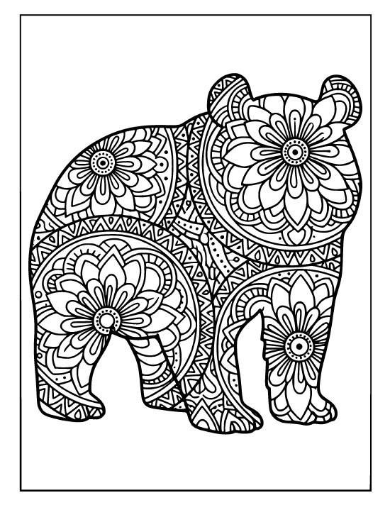 Standing panda in profile with a short tail, faceless body of medallions, coloring sheet