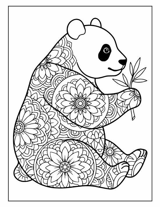 Sitting panda holding a leafy bamboo sprig, soft face and patterned body, coloring page