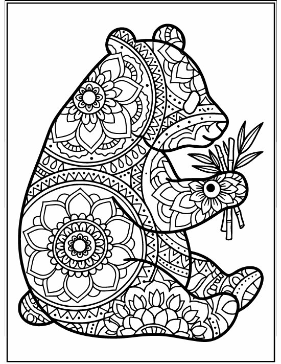Sitting faceless panda cradling bamboo shoots, head and body of flower rings, coloring page