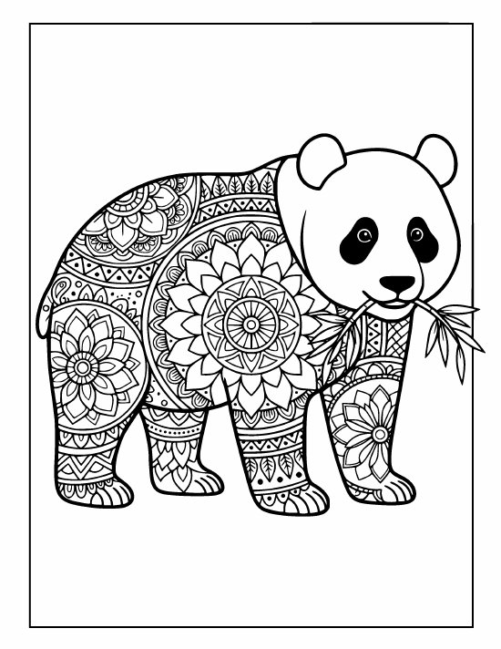 Standing panda with a bamboo branch in its mouth, soft face, bold medallions, mandala