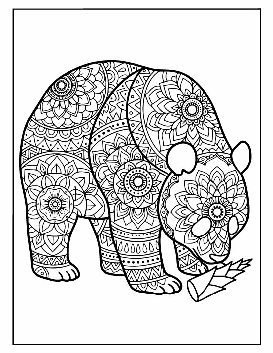 Standing panda lowering its head to a bamboo shoot, dense petal rings, coloring sheet